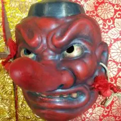 迫力の形相の 天狗 お面 仮面 壁掛け 飾り 能面 狂言面 陶器製