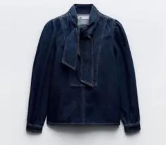 タグ付き　ZARA リボンデニムブラウス ボウタイブラウス XS ブルー