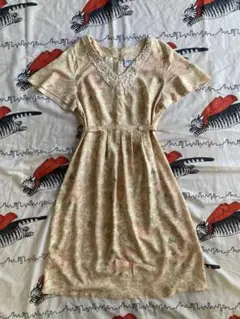 vintage花柄 レース襟 Vネック 半袖 ワンピース レトロ ヴィンテージ