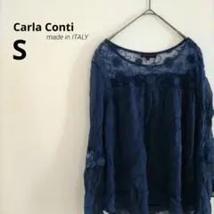 古着 carlaconti シフォン 刺繍 長袖 ブラウス ネイビー さらさら