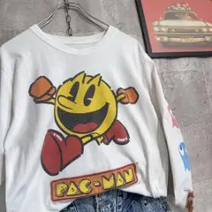 US古着/S パックマン PAC-MAN 長袖Tシャツ メンズ ロンT 白 レア