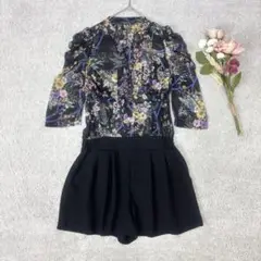 ローズバッド　オールインワン　花柄シアーブラウス　ハーフパンツ　異素材ドッキング