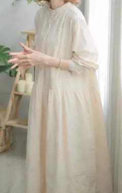 【新品タグ無し】生成り長袖ロングワンピース