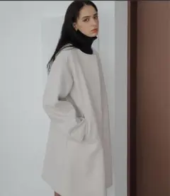 LACOLE ウーリーテックノーカラーフックフロントコート　アイボリー　M