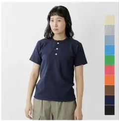 【新品】Healthknit ヘンリーネック Tシャツ ネイビー　Fサイズ