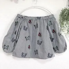 2373 ザラベーシック オフショルダートップス ショート バタフライ刺繍 M
