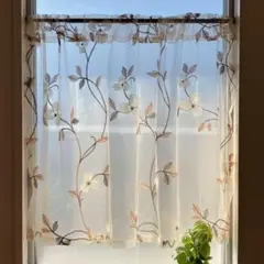 刺繍 ベージュ 系 カフェカーテン 1枚 幅100×丈70 光沢感 小窓 花柄