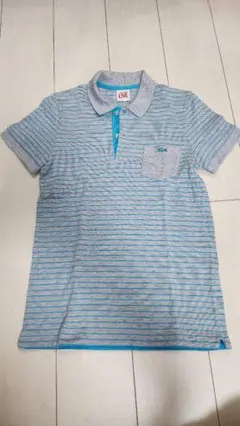 美品 LACOSTE LIVE ストライプポロシャツ グレー/スカイブルー