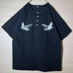 和風 ラグラン Tシャツ L 背面刺繍 鷹 ハーフボタン 黒 ヴィンテージ 古着