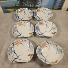 源六焼 赤絵 金彩 孔雀文 六寸皿 五枚 明治末~大正期 源六製 古伊万里 源六焼 赤絵 金彩 孔雀文 手塩皿 五枚 小判型 明治末~大正期 源
