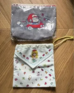 水森亜土 舟形ポーチ ヒッコリー 刺繍 アップリケ デニム 亜土ちゃん巾着セット