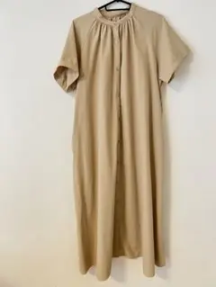 ベージュ 半袖 シャツワンピース ロング
