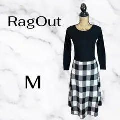 美品✨【Ragout】チェック切替ニットリブワンピース　伸縮性　モノトーン　M