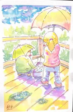 【原画】手描きの水彩画 雨の日の子供たち　ポストカードサイズ　フレーム付き