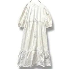 【H&M】ノーカラーシャツワンピース　五分袖　パフスリーブ　白　US/M
