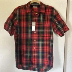 【新品タグ付】GU リネンブレンドシャツ オレンジ 半袖シャツ S チェック