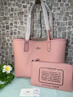COACH コーチ リバーシブルトートバッグ シグネチャー ベージュ×ピンク