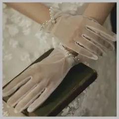 ウェディンググローブ ショート パール ホワイト オーガンジー 結婚式 手袋 白