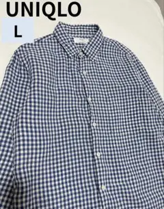 UNIQLO プレミアムリネンチェックシャツ ブルー Lサイズ