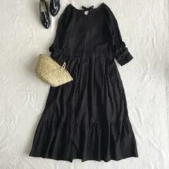 美品MERLOTIKYU リネン コットン 洗える リボン タック ワンピース