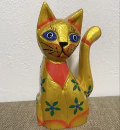 猫の置物 バリ島 ねこ置物 金色