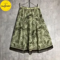【スカート】ロング丈　レリアン　総柄　ボタニカル柄　アースカラー　緑　古着