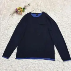 美品＊H&M　綿混　長袖ニット　カットソー　ロールヘム　青　紺　EUR・Ｌ