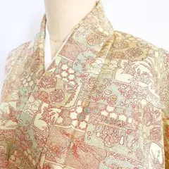 2m1451 着物 単衣 黄色 ベージュ 茶色 青 緑 花柄 和装