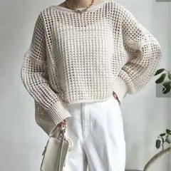 DOUDOU　ドゥドゥ　ショート丈メッシュプルオーバー　メッシュニット　ベージュ