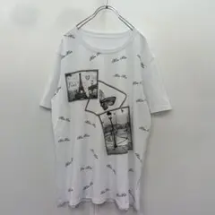 『綿95％』パリ風景プリント 半袖Tシャツ カットソー【M-L】ビジュー 白