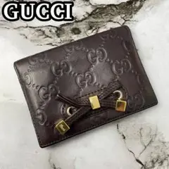 美品 グッチ パスケース シマ GG柄 プリンシー ダークブラウン レザー
