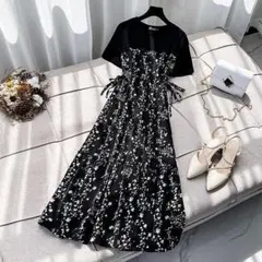 ☆大人気☆花柄 ワンピース XL 黒 白 大人かわいい シンプル マタニティ