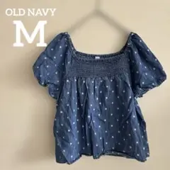 OLD NAVY 花柄刺繍 パフスリーブ M デニム ブルー オフショルダー