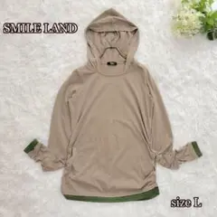 SMILE LAND フーデットパーカー（L）配色袖　カーキ系×緑　ゆったり