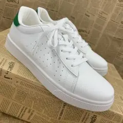 新品★メンズ★25.5cm★撥水 フェイクレザーコートスニーカー 白 緑2415