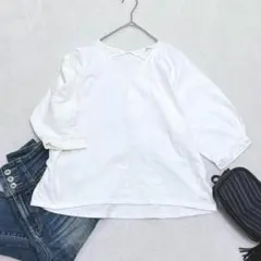r139【Shelney】Ｖネック五分袖カットソー　ゆったり　シンプル　無地