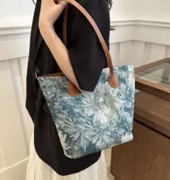 新品★ゴブラン織りモネの庭ブルーデイジー小ぶりのトートバッグ