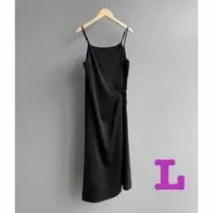 新品　デザインサテンキャミソール　ワンピース　レディース　L ブラック