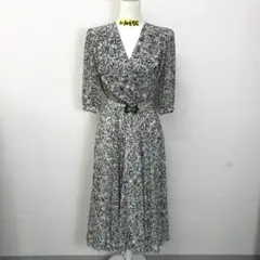 黒い瞳 レディース 花柄 カシュクール ベルト付き ワンピース 白×黒 Free