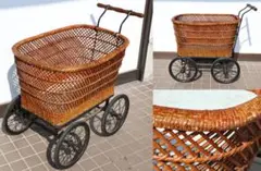 乳母車　桃太郎号　アンティーク レトロ　ラタン ベビーカー　ヴィンテージ 乳母車 桃太郎号 籐製 ブレーキ付 手押し車 4輪 ベビーカー 昭和