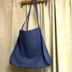 ブルー　トートバッグ 前面ポケット付き