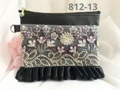 ポーチ　インド刺繍リボン　ハンドメイド　合皮　ブラック　812-13