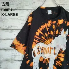 古着 PORT&COMPANY Tシャツ 馬 ロバ ブリーチ タイダイ 黒 XL