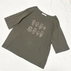 1413【エーカ】半袖Tシャツ　カーキ　刺繍　五分袖
