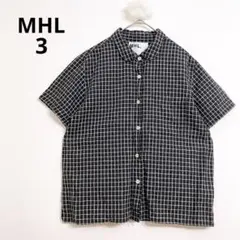 マーガレットハウエル チェック半袖シャツ コットン×リネン カジュアル 黒 白