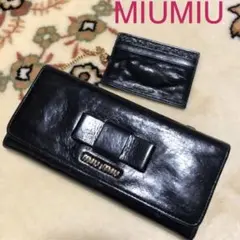 希少 美品 MIUMIU VITERRO リボン 長財布 パスケース付 ブラック