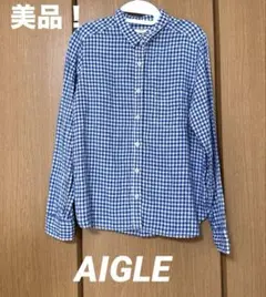 ❤️美品！AIGLES 青と白のギンガムチェック 長袖シャツ　麻100%