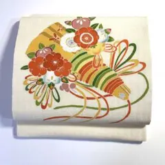 2m1794 名古屋帯 絹 染め ベージュ 黄色 緑 橙色 ピンク 花柄 和装