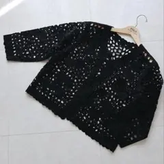 刺繍 花模様 ブラック ノーカラー ジャケット 羽織りレース 編み 透け感