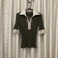 ポーラPOLA 《ディニュー》オリーブグリーン リブ編みポロシャツ五分袖used